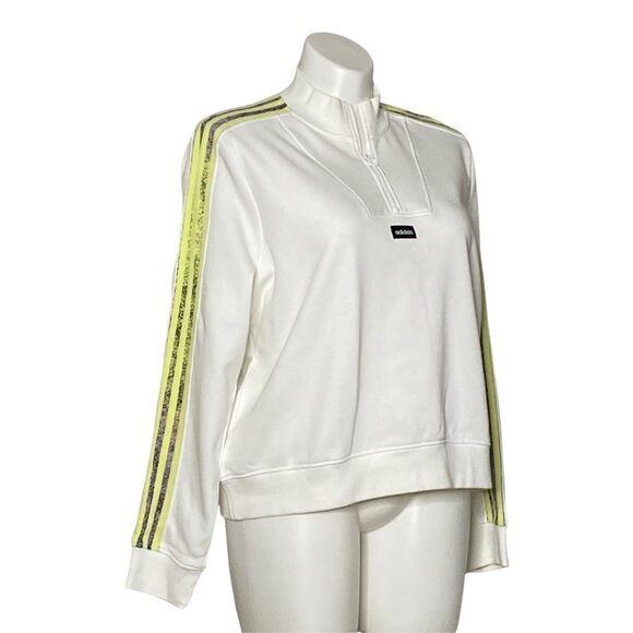 Adidas NWT White Half-Zip Sweatshirt Neon Yellow Logo Stripe Sleeves Women's 2XL - Picture 4 of 11